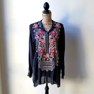 Johnny Was Tunic Top Black Silk Embroidered  Large